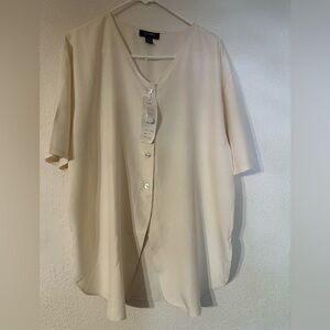 Silk House Blouse Women Cream 100% Silk Button Front Short Sleeve Vintage NWT L
